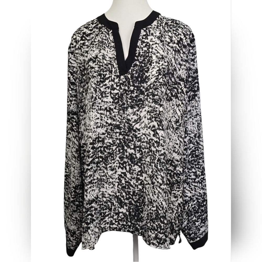Kenneth Cole Select Black & White Abstract Print V-Neck Tunic XL Blouse Office